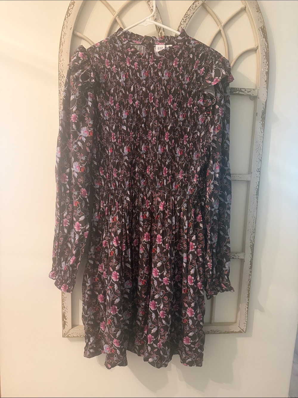 GAP Black Floral Smocked Long Sleeve Dress